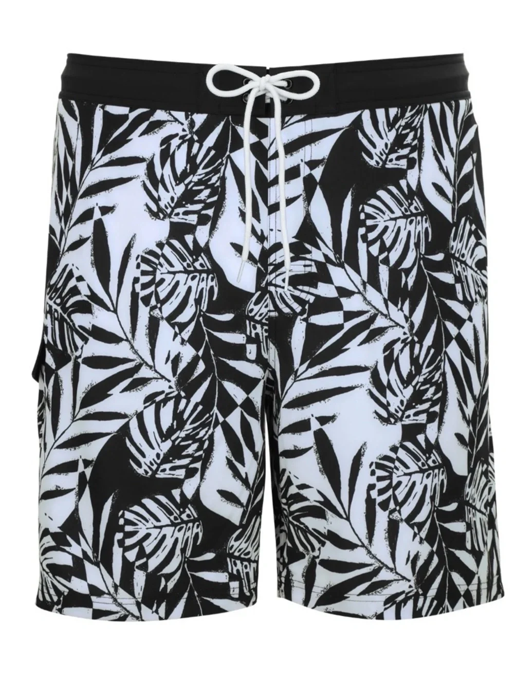 George Men's L Cargo E-Board Swim Trunks Black White Tropical Leaf 9